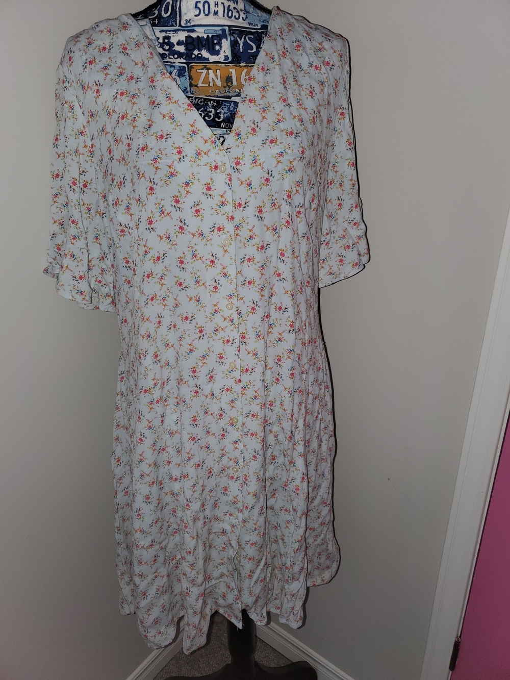 Vintage GAP Soft Mint Green Mini Dress with Pink & Yellow Floral Print L Tall